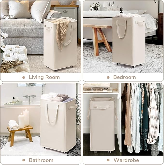 CHICVITA Collapsible Laundry Basket on Wheels 75L, Slim Laundry Hamper with Removable Wash Bag for Bedroom, Clothes Hampers for Laundry, Ivory