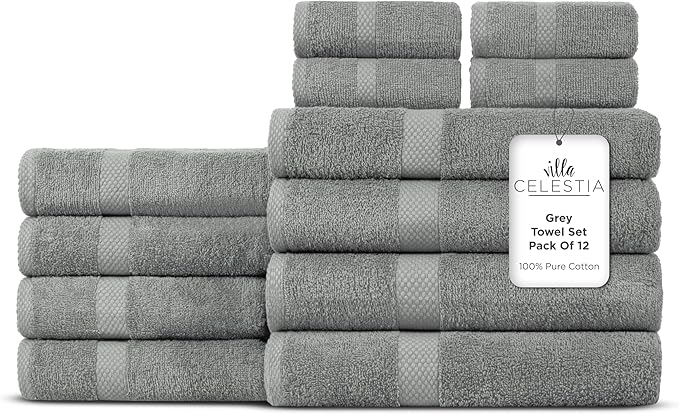 Villa Celestia 12-Piece 100% Cotton Towel Set, 4 Bath Towels, 4 Hand Towels, 4 Wash Cloth, Quick-Dry, Grey