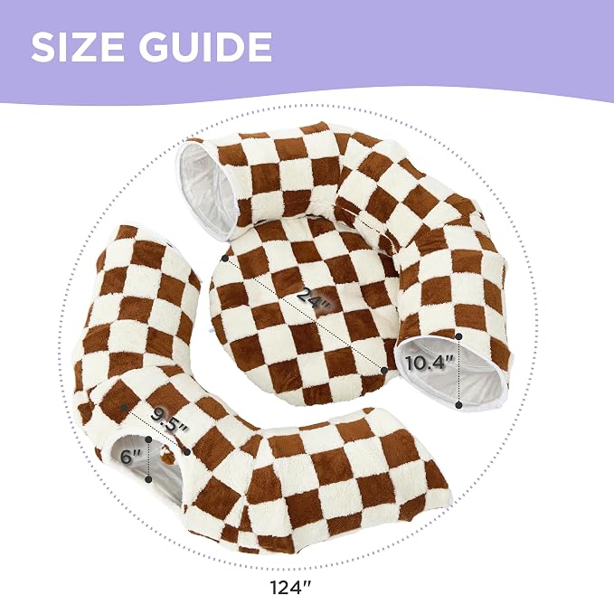 Lesure Large Cat Tunnel Bed - Cute Donut Bed for Indoor Cats with Washable Circle Cushion, Round Pet Peekaboo Cave Toy for Multi Kitten/Puppy/Rabbit, Large Brown Checks