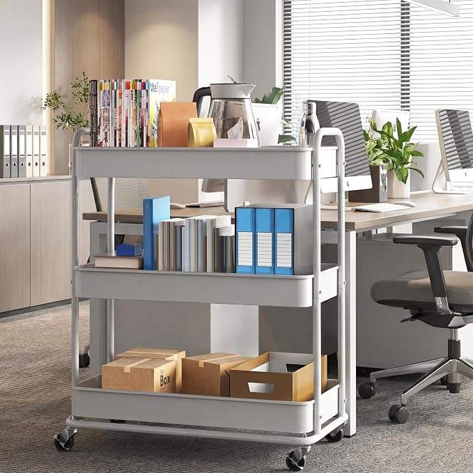 Simple Houseware 26" Extra-Wide 3-Tier Heavy Duty Metal Utility Cart, White | High-Capacity Rolling Cart Organizer for Spa, Salon, Office, and Home Storage