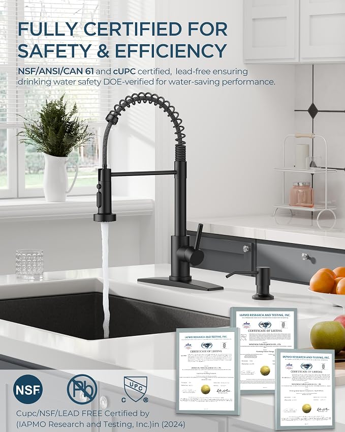 FORIOUS Black Kitchen Faucet with Soap Dispenser, Stainless Steel Kitchen Sink Faucet with Pull Down Sprayer Single Handle Modern Spring Commercial for Laundry Utility Room RV Camp Bar Farmhouse
