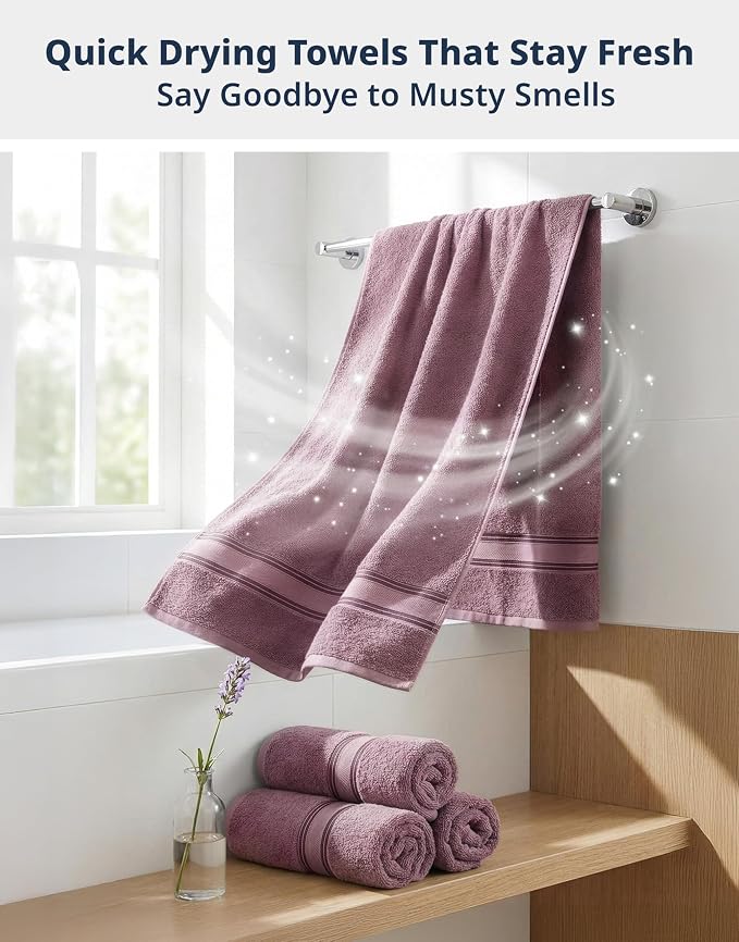 LANE LINEN 100% Cotton Large Bath Towels Set of 4 (28"x54") - Zero Twist, Mercerized Cotton Bathroom Towel 4 Pack - Quick Dry, Soft & Absorbent Large Towels Set - Oeko Tex Certified - Wishful Mauve | Pack Of Towels - Dobby Border Accent, OEKO-TEX Certi...