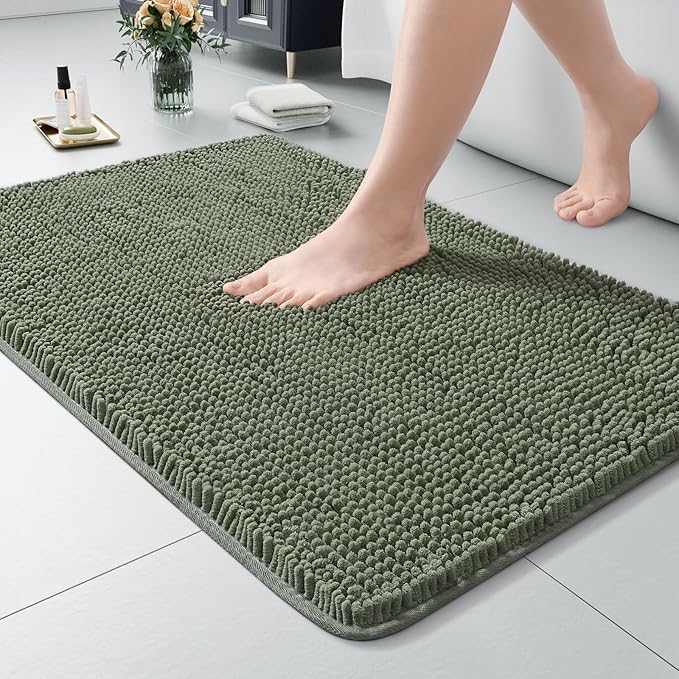 LOCHAS Luxury Bathroom Rug Shaggy Bath Mat 24 x 36 Inch, Sage Green | Washable Non Slip Bath Rugs for Bathroom Shower, Soft Plush Chenille Absorbent Carpets