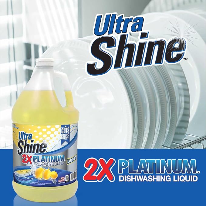 Ultra Shine™ 4 Pack 2X Platinum™ Dish Cleaning Liquid, Lemon Scent, 1 Gallon, Yellow - Powerful Grease Remover Dishwashing Soap
