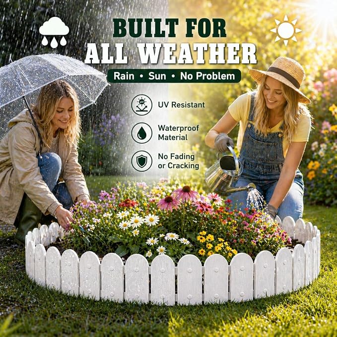 Garden Border Edging: Wooden Fence Design - 16pcs White Yard Landscaping Fence Liner Lawn Edge Barrier - 20ft Kit of Decorative Lawn Landscape Panels Elements-Landscaping Edging-GMT-10374-D16