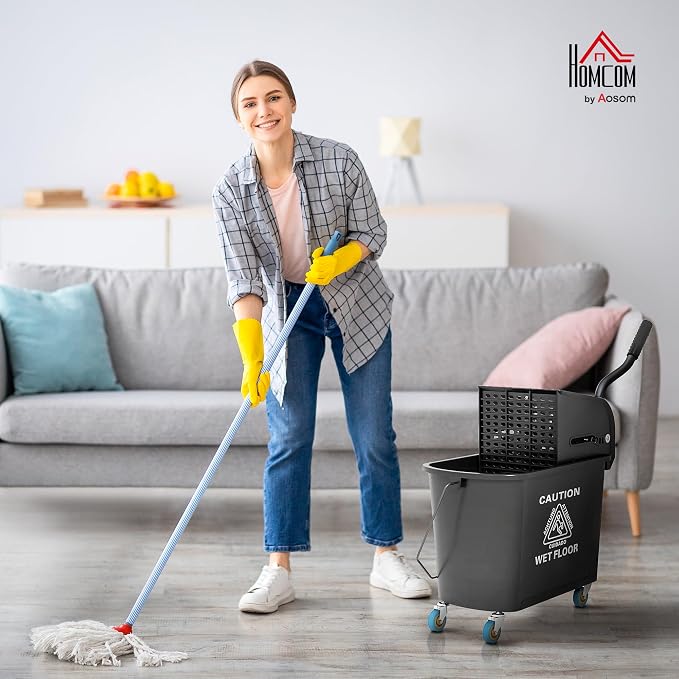 HOMCOM Commercial Mop Bucket Side Press Wringer Wheels 21 Quart Black | for Floor Cleaning, Separate Dirty and Clean Water, for Home Apartment Small Business and Office