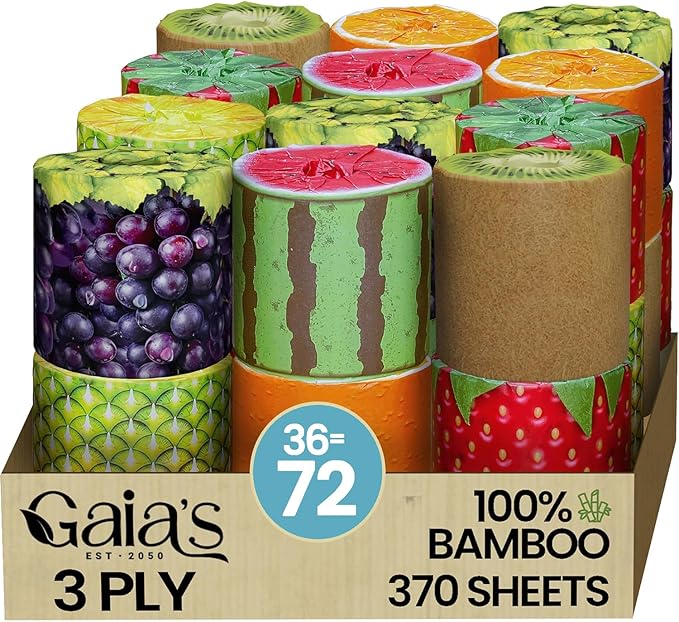 Gaias Premium and Soft Fruit TP Organic Bamboo Toilet Paper | 36 Mega Rolls, 3 Ply, 370 Sheets | FSC Certified, PFAS & BPA Free, Eco-Friendly, Sustainable Tissue - Plastic Free, Septic Safe, Vegan