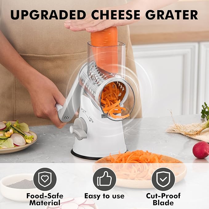 GDL Cheese Grater Hand Crank - Upgraded 6-in-1 Cheese Grater with Handle and Strong Suction Base, Multi-purpose Cheese Shredder Vegetable Slicer Ice Shaver for Potato, Vegetables, Nuts, Chocolate