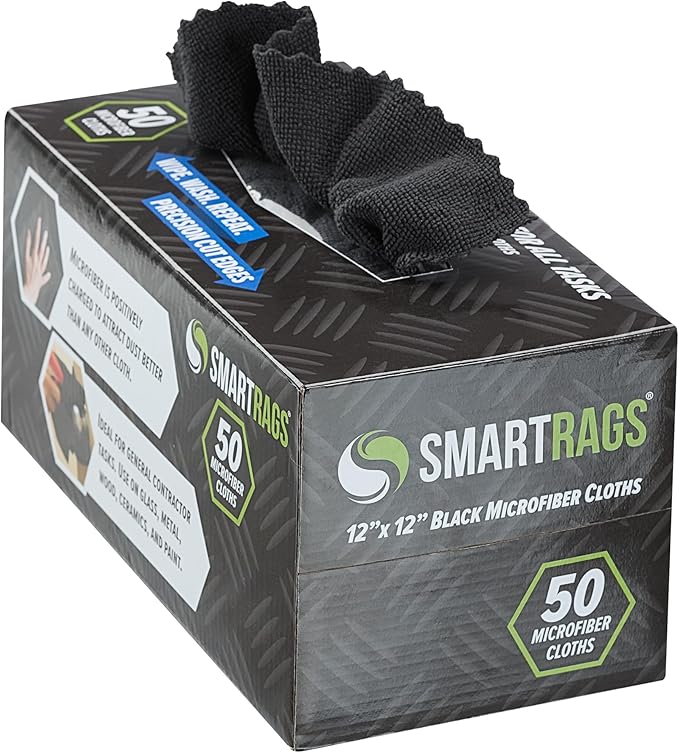 Arkwright Smart Rags Microfiber Cleaning Cloths, Pack of 50 in a Box, Lint Free 180 GSM Reusable Towels for Auto, Office and Household Cleaning, 12 x 12 in, Black