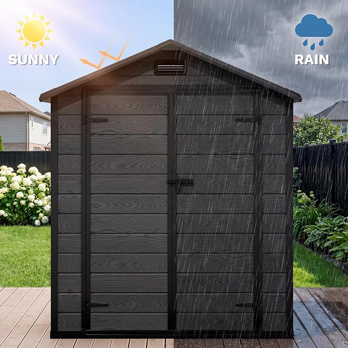 DWVO 6X5FT Resin Storage Shed with Reinforced Floor, Outdoor Storage Shed with Lockable Door, Window and Vents, Waterproof Plastic Tool Shed for Garden, Backyard, Patio, Lawn