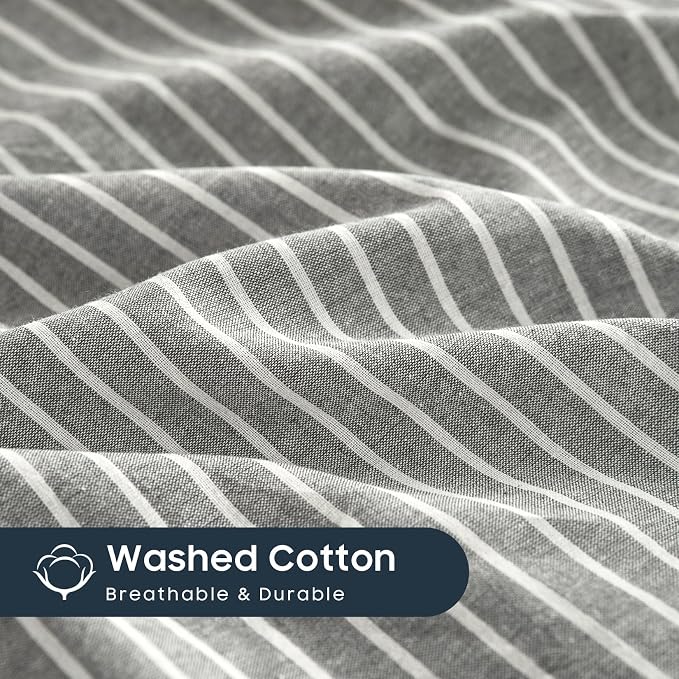 Wake In Cloud - Striped Cotton Duvet Cover Set, 100% Washed Cotton Textured Bedding Set, Ticking Stripe Pinstripe Farmhouse, 3 Pieces, Grey, Queen Size
