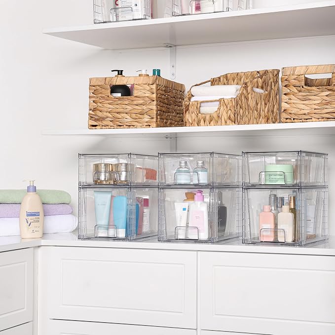 Vtopmart 8 Pack Clear Stackable Cabinet Organizers with Pull-Out Drawers, Clear Storage Drawers, 6 Medium and 2 Small for Under Sink, Pantry, Bathroom, Closet and Kitchen Storage