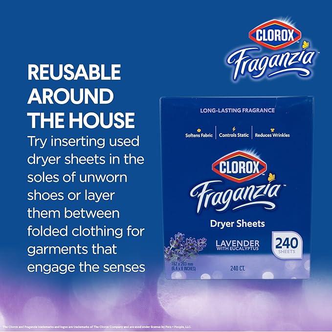 Clorox Fraganzia Fabric Softener Dryer Sheets Wrinkle Reducing Anti Static Softens Fabrics Fresh Lavender with Eucalyptus Scent 240 Count Single Box for Home Dorm and Laundry Room Everyday Use