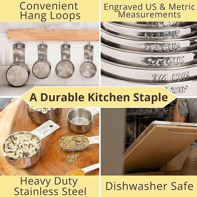 Simply Gourmet Measuring Cups & Spoons Set of 12, 18/08 Stainless Steel Kitchen Gadgets, Stackable Design with Long Handle Spoons, Fits in Spice Jars, Cooking & Baking Set for Dry & Liquid