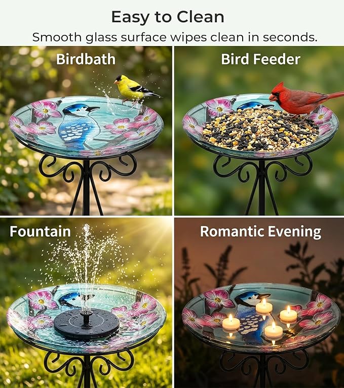 Large Glass Bird Bath with Metal Stand, Blue Jay | 18" Wide Bowl, 3.2" Bathing Depth, Thick Glass Construction, Stable 3-Leg Base, Easy Clean Surface, Garden Decor
