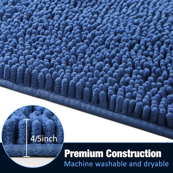 LOCHAS Luxury Bathroom Rug Shaggy Bath Mat 24 x 48 Inch, Blue | Washable Non Slip Bath Rugs for Bathroom Shower, Soft Plush Chenille Absorbent Carpets