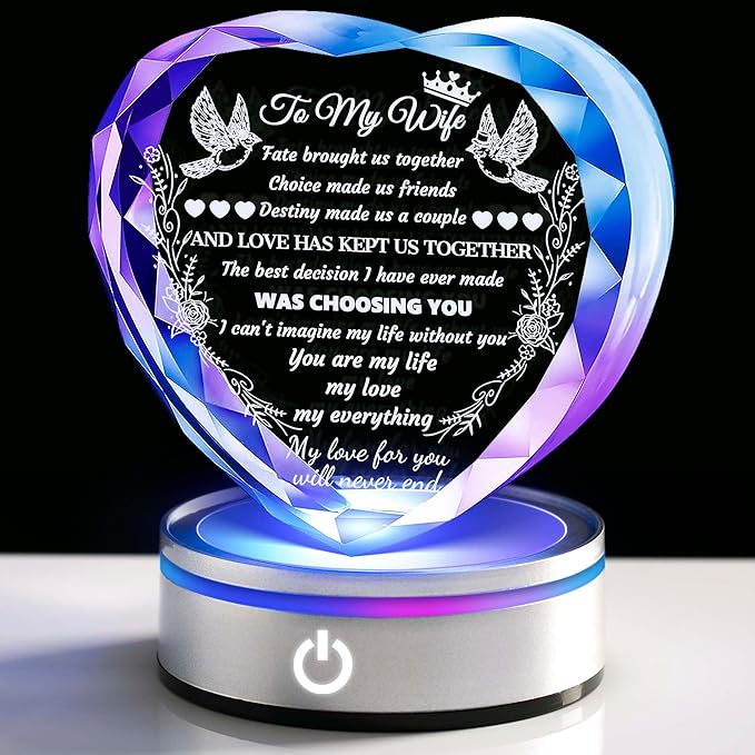 Gifts for Wife Crystal with Colorful LED Base, Anniversary Birthday Gifts for Women, I Love You Gifts for Her Wife Birthday Gift Ideas, Crystal Keepsakes Romantic Gifts for Valentine's Day