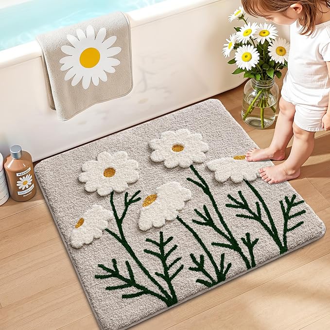 LUMI Bathroom Rugs Cute Daisy, Soft Absorbent Square Bath Mat Non-Slip, Machine Washable Quick Dry White Grey Luxury Rug Flower for Kids Room, Bathtub, Home Decor, 26"x26"