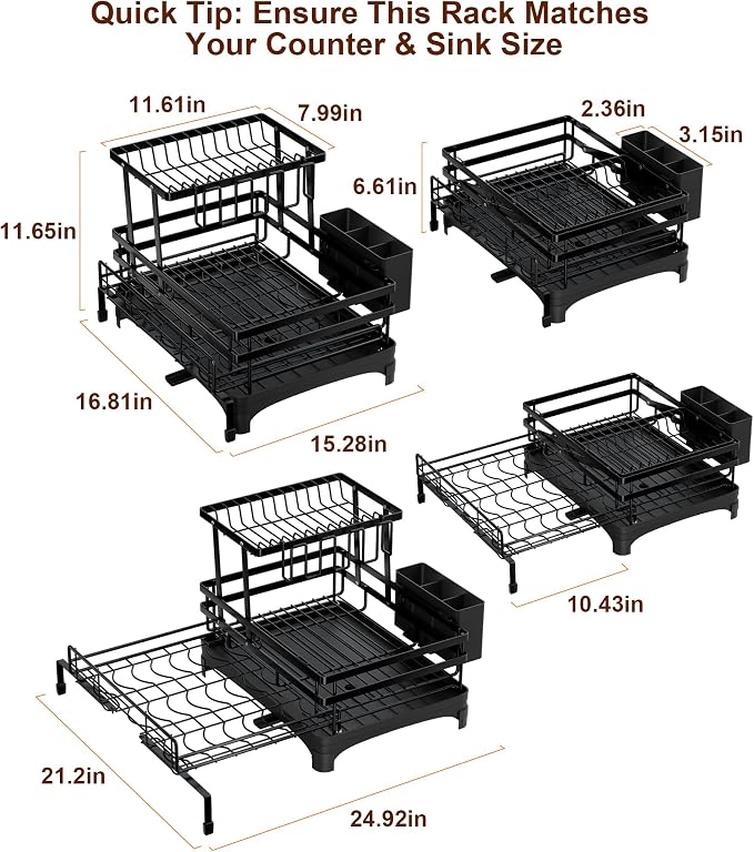 Hanyi 2-Tier Expandable Dish Drying Rack for Counter and Over Sink | Large-capacity rack with foldable upper tier, 15.7-26.4 in over-sink extension, automatic drainage and rust-resistant frame