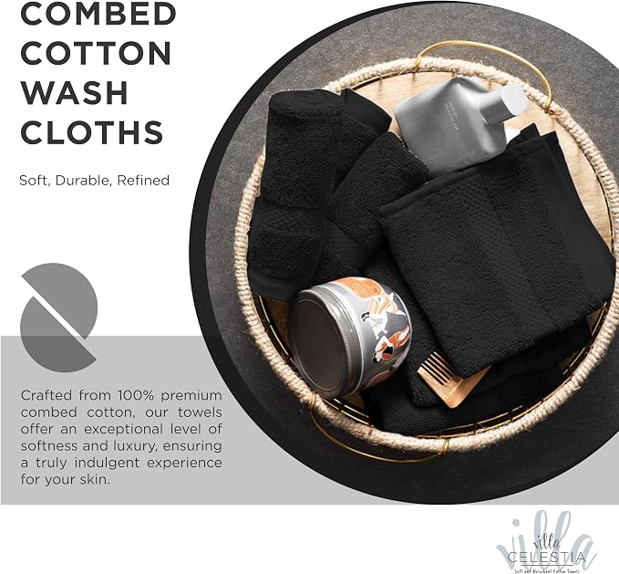 Villa Celestia 100% Cotton Wash Cloth for face & Body Set of 12, (12 x 12 inches) Sustainable, Soft, Highly Absorbent, Combed Cotton Wash Cloths Pack of 12 for Hotels, Spa, Bathroom, Dorm, Black