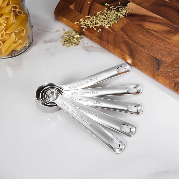 KEAWELL Premium 5-Piece 18/10 Stainless Steel Measuring Spoons Set – Durable, Stackable, Dishwasher Safe – Nesting Design for Baking & Cooking (Silver, 5PC Measuring Spoons)