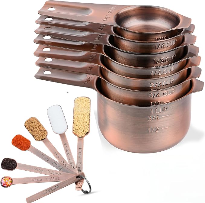 Copper Measuring Cups and Spoons Set 14, Stainless Steel Measuring Cups and Spoons set for Kitchen & Baking, 7 US & Metric Measure Cups & 6 Long Handle Spice Measuring spoons & 1 leveler