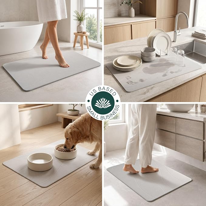 Extra Large Stone Bath Mat 32 x 20 Inch | Quick Dry Diatomaceous Earth Bath Mat | Includes Anti Slip Pad & Restoration Kit - A Quick Dry Bath Mat & Cleaner Alternative to Fabric | Light Gray XL