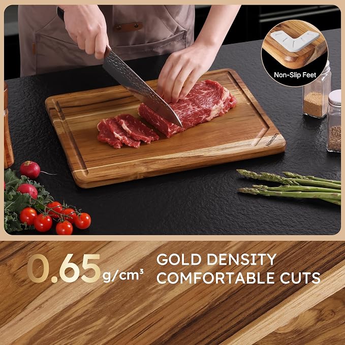 15'' Teak Wood Cutting Board for Kitchen Non Slip Over Sink Charcuterie Board Serving Heavy Duty Non Toxic Wooden Chopping Board Thick Haus Organic Edge Grain Wood Long-Lasting Use