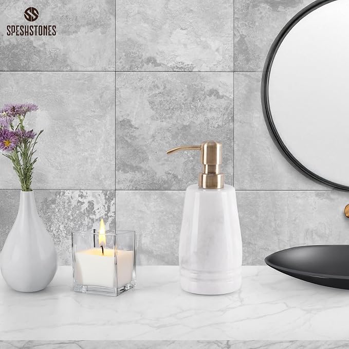Marble Soap Dispenser 7.5'' White Dish Soap Dispenser with Stainless Steel Pump, Refillable Liquid Hand Soap Dispenser with 8.5 Oz Capacity for Kitchen Sink and Bathroom Countertop