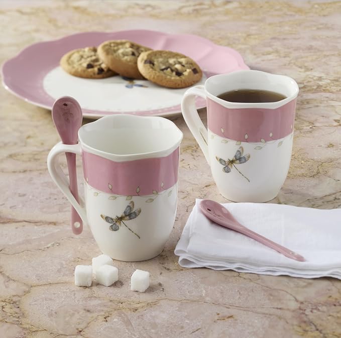 Lenox 897803 Butterfly Meadow Color Mugs With Spoons, Set Of 2, Pink