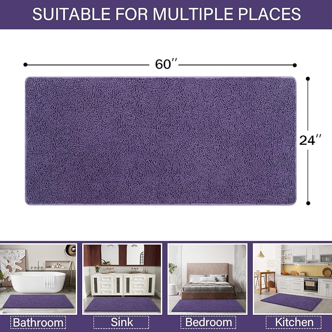 LOCHAS Luxury Bathroom Rug Shaggy Bath Mat 24 x 60 Inch, Dark Purple | Washable Non Slip Bath Rugs for Bathroom Shower, Soft Plush Chenille Absorbent Carpets