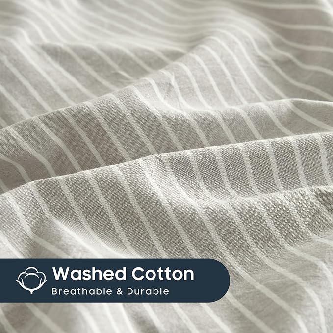 Wake In Cloud - Striped Cotton Duvet Cover Set, 100% Washed Cotton Textured Bedding Set, Ticking Stripe Pinstripe Farmhouse, 3 Pieces, Light Grey, Queen Size