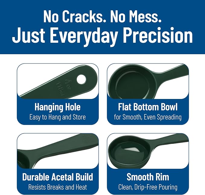 Carlisle FoodService Products 8.25" 4 Ounce Solid Measuring Spoon – Portion Control – Flat Bottom spoon – Short Handle, Dishwasher Compatible, Forest Green, (Pack of 12)