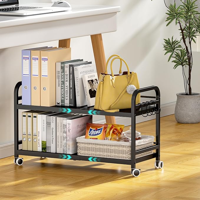 2-Tier Expandable Rolling Cart, Pantry Storage Cart with Wheels, Adjustable Rolling Pantry Floor Organizer, Metal Under Desk Cart, Can Storage & Snack Organizer for Kitchen Pantry, Black