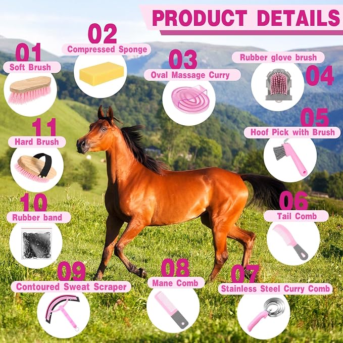 Abbylike 12 Piece Horse Grooming Kit with Organizer Tote Bag Brush Sets for Derby Day Show Horses Professional Tools for Care & Massage(Pink and Grey)