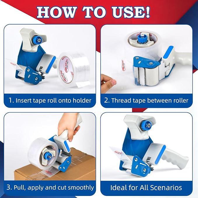 Pacific Mailer 2 Inch Tape Gun Dispenser with 2 Inch Carton Packing Tape, Lightweight Industrial Side Loading Tape Dispenser - Blue