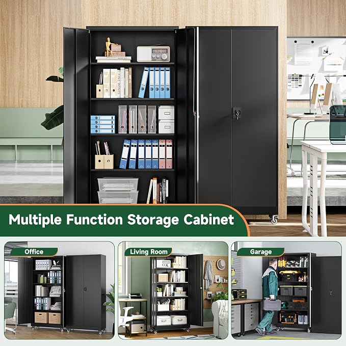 Metal Garage Storage Cabinets with Wheels,Steel Tool Cabinets Lock Door and Adjustable Shelves for Home,Office,Warehouse Organisieren (Black, 75" H)