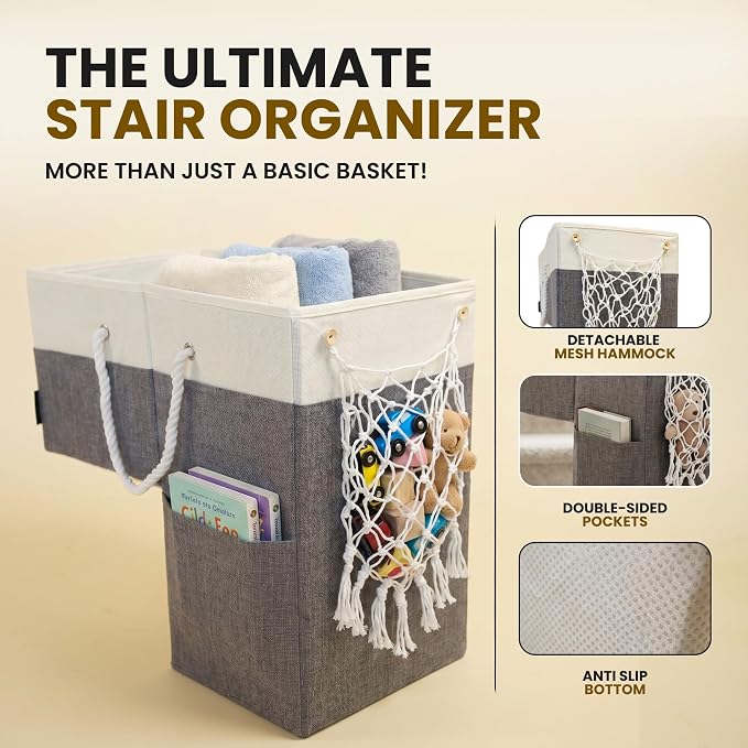 Stair Basket with Hammock for Carpeted & Wooden Stairs – Staircase Basket Organizer for Laundry, Toys, Books, Blankets & Household Storage - Large Stairstep Basket Bin with Cotton Handle