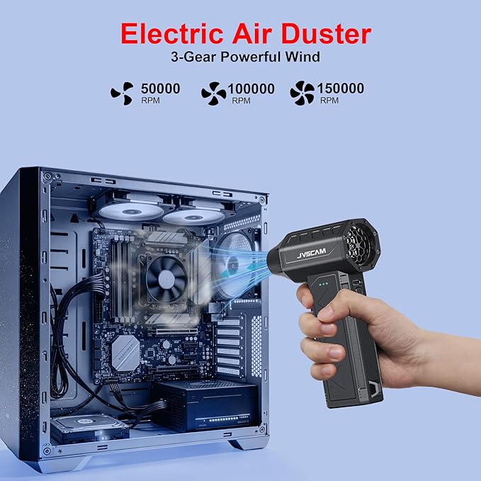 JVSCAM Compressed Air Duster,150000RPM Electric Air Duster, Vacuum Cleaner & Bag Vacuum 3-in-1, Rechargeable with 3-Gear Adjustable Wind Speed for Keyboard,Computer,Car,Home and Storage Bag Sealing