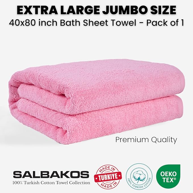 SALBAKOS Luxury 100% Turkish Cotton Bath Sheet 40x80 (1-Piece, Rose Pink) | Extra Large Jumbo Oversized Bathroom and Beach Towel, Super Soft Highly Absorbent Thick Premium Hotel Quality, Made in Turkey