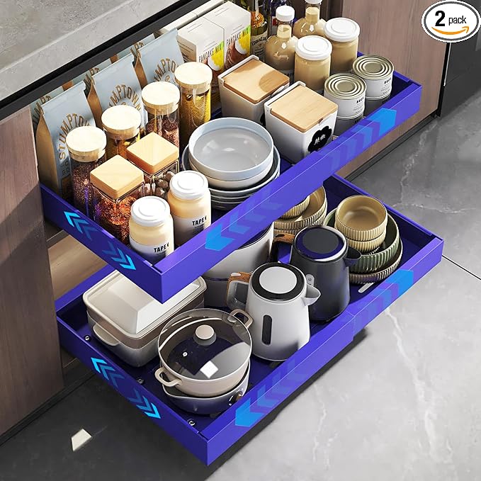 Mustorn 2 Pack Pull Out Cabinet Organizer, Expandable Slide Out Drawers for Kitchen Cabinets Peel and Stick Pullout Drawer Heavy Duty Sliding Shelves for Cupboard, Pantry, Bathroom(16.5" Deep, Blue)