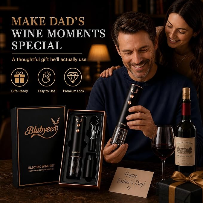 BLUBYEES 4-in-1 Electric Wine Opener Set – Rechargeable Automatic Corkscrew, Foil Cutter, Aerator & Vacuum Stopper, Wine Accessories Gift Set for Dad, Father’s Day Gifts for Men, Husband, Wine Lovers