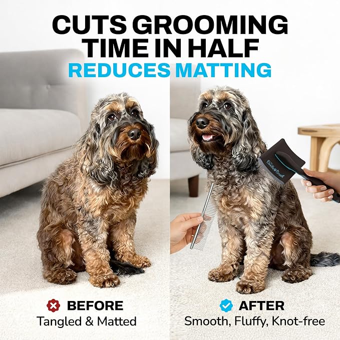 The Doodle Brush Grooming Kit, Slicker Dog Brush and Finishing Comb Set, Detangler & Dematting Grooming Tools for Dogs, Extra Long Pin Slicker & Metal Comb for Goldendoodle, Cockapoo, Cavapoo, Poodle
