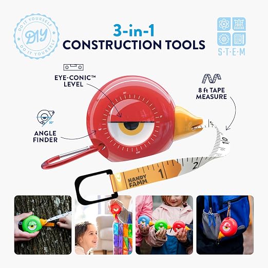 Handy Famm Kids Tape Measure – 8ft Red Bird Retractable Measuring Tape with Level & Protractor, STEM Montessori Tool, Toddler Safe, Gift for Boys & Girls Ages 3+