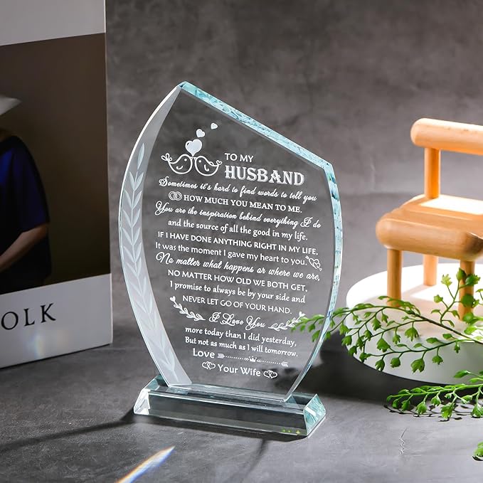 QIANWEI Fathers Day Unique Gifts for Husband from Wife Romantic Glass Plaque, Best Husband Birthday Gifts Wedding Anniversary To My Husband Present for Christmas Valentines Day