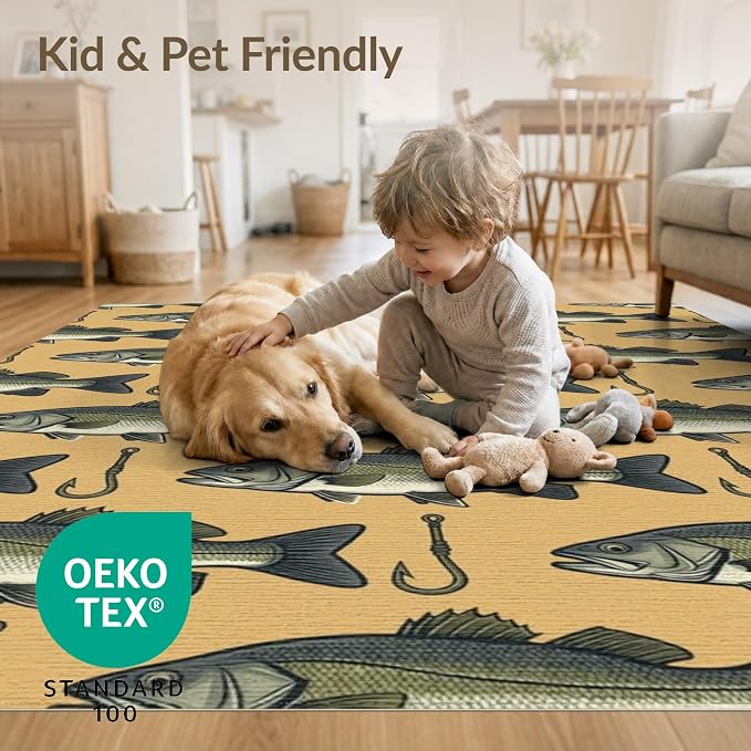 2'x3' Washable Area Rug Bass Lure Hook Motif Tackle Border Angler Lake Vintage Fish Fishing Refined for Bedroom, Nursery, RV, Pet Friendly & Kids Safe Bedside