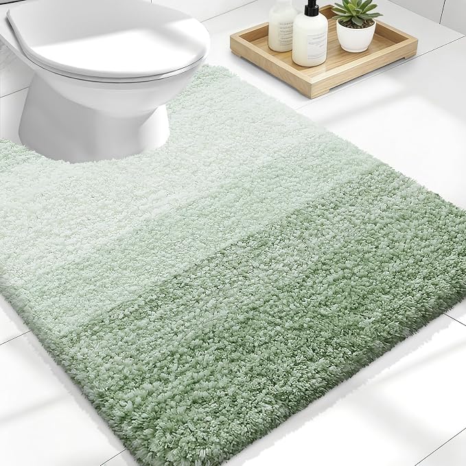 OLANLY Luxury Toilet Rugs U-Shaped 24x20, Extra Soft and Absorbent Microfiber Bathroom Rugs, Non-Slip Plush Shaggy Bath Mat, Machine Wash Dry, Contour Bathroom Mats for Toilet Base, Sage Green
