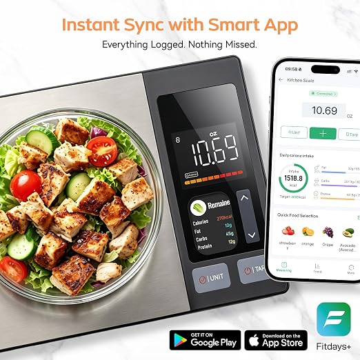 Smart Food Scale with Nutritional Calculator, Free App & TFT Display – Digital Kitchen Scale for Calorie & Macro Tracking, 50 Built-in Foods,23 Nutrients Analysis,Personal Goals for Meal Prep
