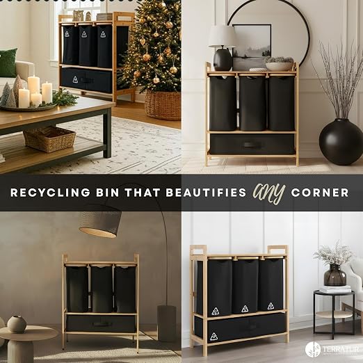 4 Section Recycling Bin for Kitchen – Dual Trash and Recycle Bins for Paper, Plastic, Cans – Indoor Bamboo Recycling Organizer – Decorative Wooden Recycle Bins for Kitchen & Office