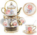 Zhehao 20 Pcs Porcelain Tea Set with Metal Holder and Spoon Adult Ceramic Tea Set European Flower Painting Teapot Cup Saucer Spoon for Women Mom Gift, Large Version (Romantic Style)